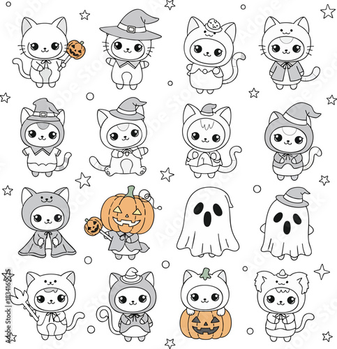 Adorable cartoon kittens and ghosts dressed in cute Halloween costumes, featuring pumpkins and witch hats