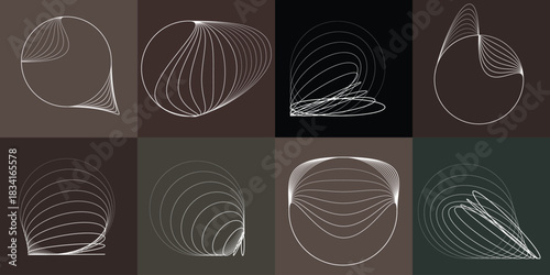 Abstract visual harmony of circles and curved lines , perfect for digital branding. Linear circular art with balanced curves ideal for posters, packaging and web design. Vector rotational shapes set.