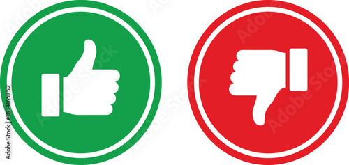 Thumbs Up and Thumbs Down Icons in Green and Red Circles, Representing Like, Dislike, Social Media Feedback, Voting, Approval, and Rejection Symbols