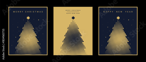 Set of Christmas and New Year greeting cards with halftone shaped Christmas tree. Vector illustration