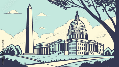 Washington dc skyline with monument and capitol. Perfect for travel brochures, websites, and patriotic designs needing iconic cityscapes.
