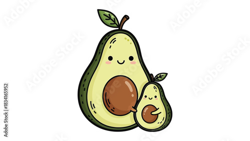 Avocado Family: A charming illustration depicts two adorable avocado characters, a parent and child, exuding warmth and affection with their smiling faces.
