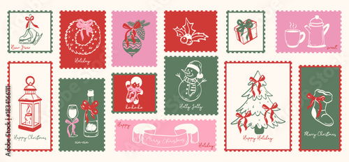 Set of vintage hand drawn Christmas postmark. Christmas stamps celebration. Vector illustration.