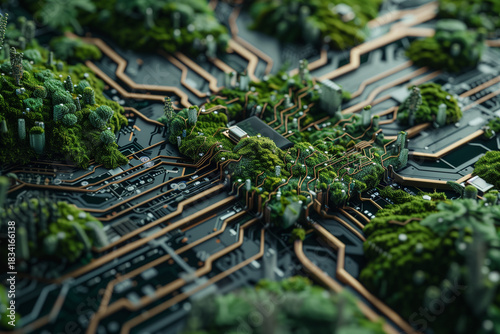 Lush green ecosystems growing along circuit board pathways, illustrating Earth Day vision of sustainable technology and regenerative digital networks