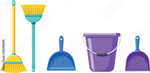 Cleaning tools illustration, broom and dustpan, household hygiene items, bucket vector, sanitation equipment, colorful design, home cleaning essentials