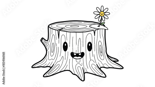 Whimsical Stump with Smiling Daisy: A cheerful cartoon stump, complete with a smiling face and a sprouting daisy, radiates positivity.