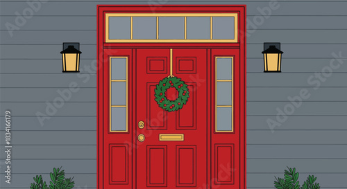 Festive red door with wreath and sidelights exterior entrance