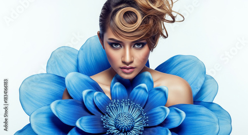 Surreal Portrait of Woman with Sculptural Hair and Blue Petal Dress Avant-Garde Floral Fashion Art