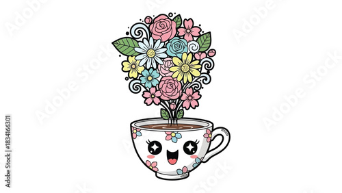 Blooming Beverage: A whimsical illustration of a teacup overflowing with a vibrant bouquet of flowers. The teacup exudes charm with its smiling expression and floral patterns.