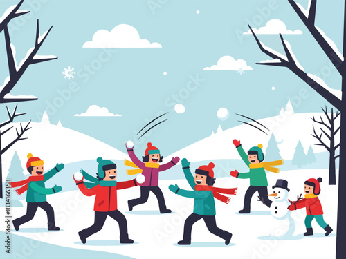 Children in winter scene having a snowball fight near a snowman