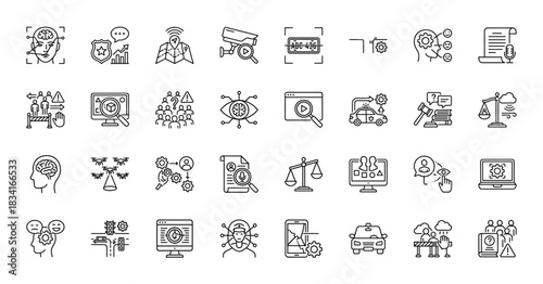 Artificial intelligence line icon set. Vector pictograms of face recognition, autonomous driving, legal regulations, and security systems, thin outline illustration.