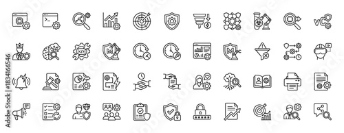 Data analysis and security line icon set. Vector pictograms of settings, charts, security shield, and coding, thin outline illustration.