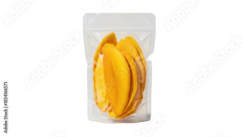 Dried mango slices in clear plastic bag isolated PNG, healthy snack on transparent background, tropical fruit for food packaging design