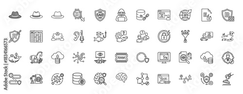 Cybersecurity and artificial intelligence line icon set. Vector pictograms of hacker, firewall, phishing, data, and security, thin outline illustration.