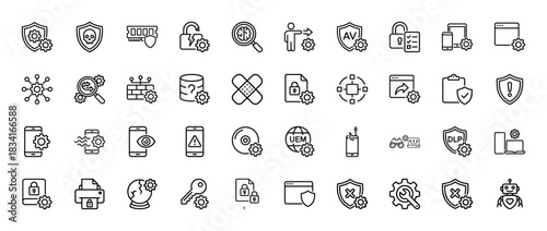 Cybersecurity line icon set. Vector pictograms of shield with gear, lock, malware, and data protection, thin outline illustration.