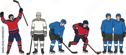 Ice hockey players set, male athletes in uniform celebrating victory, standing, skating, stickhandling the puck, team sport action poses, detailed vector illustration for game, league, 