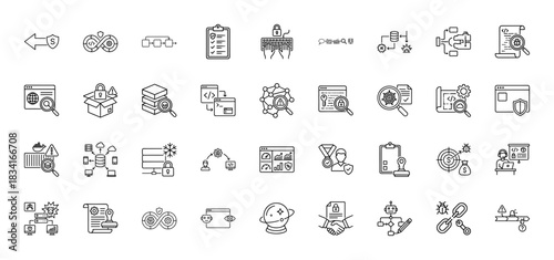 Cyber security and devops line icon set. vector pictograms of secure code, blockchain, checklist, and data protection, thin outline illustration.