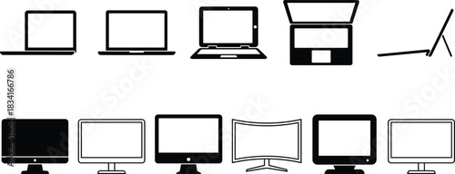 Laptop and Desktop Computer Monitor Icons Set, Screen, Display, Technology, Electronic Device, Gadget, Curved Screen, Flat Vector Illustration Collection