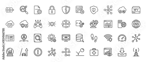 Technology and network security line icon set. Vector pictograms of lock, shield, cloud, server, and analytics, thin outline illustration.