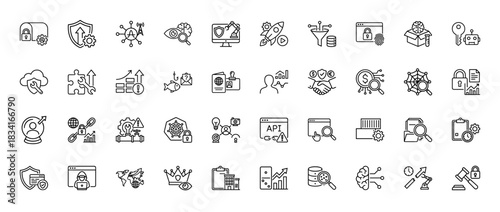 Cybersecurity and data protection line icon set. vector pictograms of secure mail, shield, funnel, api, and analytics, thin outline illustration.