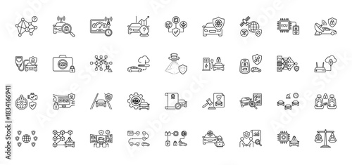 Automotive technology line icon set. Vector pictograms of connected car, security, data exchange, and telematics, thin outline illustration.