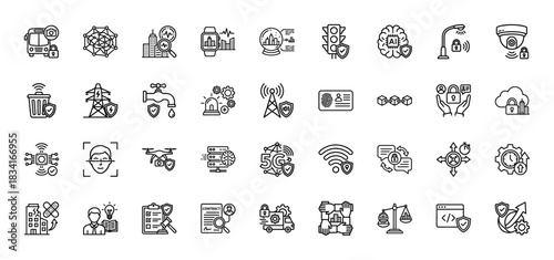 Smart city and cybersecurity line icon set. Vector pictograms of surveillance, infrastructure, biometrics, network, cloud, ai and blockchain, thin outline illustration.