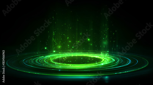Glowing green swirling circle. shining spiral light effect, futuristic colorful pedestal, shiny vector file, special glow effect for game ui, apps or web design Stock Illustration 