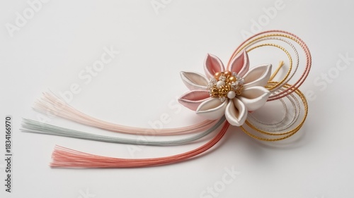 Exquisite Japanese Kanzashi-style hair ornament featuring delicate fabric petals, intricate beaded center, and elegant coiled mizuhiki cords on a white background.