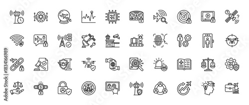 Aviation and air transportation security line icon set. Vector pictograms of control tower, surveillance, biometric access, and drone safety, thin outline illustration.