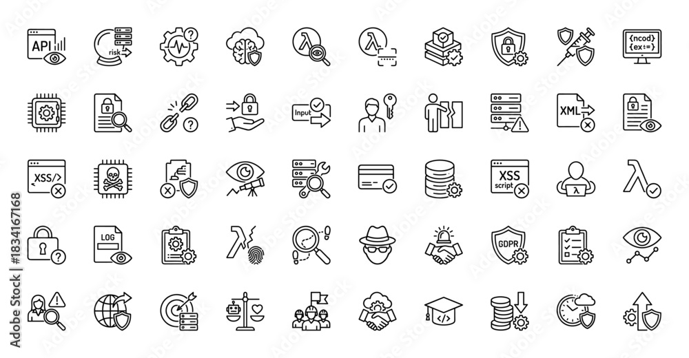Fototapeta premium Cyber security and data protection line icon set. Vector pictograms of risk, defense, privacy, and hacking, thin outline illustration.