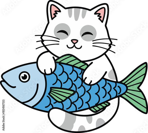 Adorable cartoon vector illustration of a happy white cat cuddling a big blue fish. This cute kitten shows its satisfaction with a tasty snack