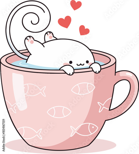 Adorable cartoon white cat playfully peeking out of a pink teacup filled with water. Hearts float above, conveying love and happiness