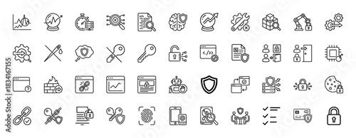 Data security and technology line icon set. Vector pictograms of key, shield, lock, fingerprint, and coding, thin outline illustration.