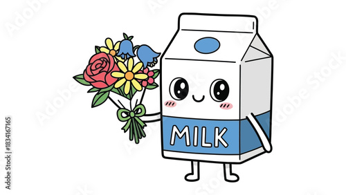Milk Carton's Bouquet: A whimsical illustration showcases a charming milk carton character, joyfully presenting a vibrant bouquet of colorful flowers.