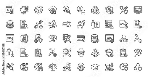 Cyber security and data protection line icon set. Vector pictograms of risk, defense, privacy, and hacking, thin outline illustration.
