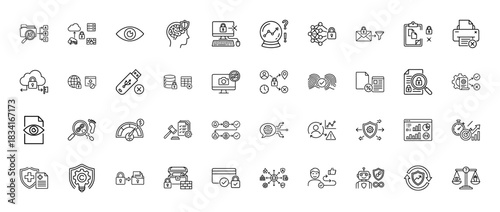 Cybersecurity line icon set. Vector pictograms of data protection, secure cloud, access control, and privacy, thin outline illustration.