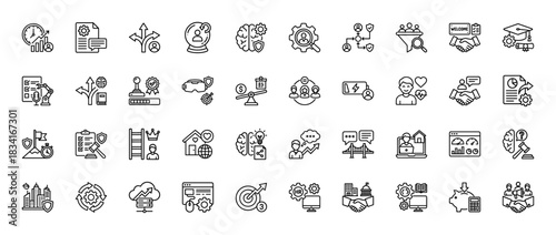 Business and strategy line icon set. Vector pictograms of time management, decision-making, goal setting, collaboration, and learning, thin outline illustration.