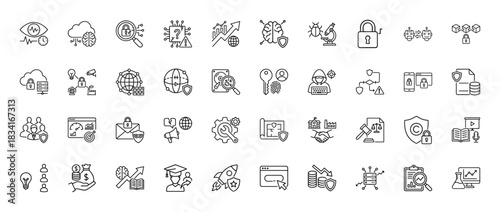Cybersecurity and business technology line icon set. Vector pictograms of cloud brain, shield, lock, robot, chart, server, hacker and fingerprint, thin outline illustration.