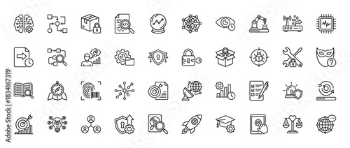 Artificial intelligence and technology line icon set. Vector pictograms of machine learning, brain, robot, security, data analysis, thin outline illustration.