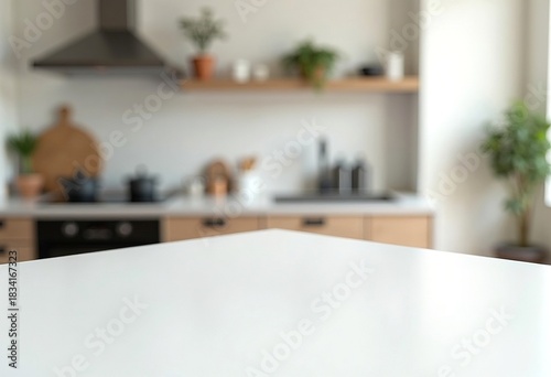 Marble empty white table top fron view, blur minimalistic scandy kitchen interior background in brown wooden colour and light wood, for montage product display or design key visual layout