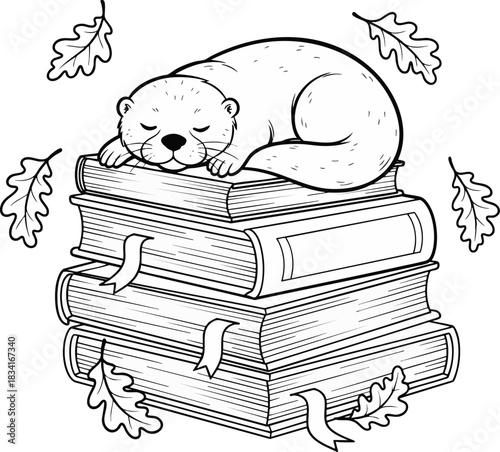 Adorable line art vector of a sleeping otter resting happily on a tall pile of textbooks adorned with autumn leaves