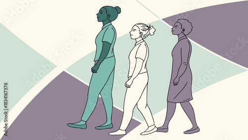 Diverse women walking forward together with confidence on a geometric background, symbolizing unity and progress in a modern, inclusive world with a bright future