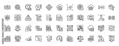 Cybersecurity and technology line icon set. Vector pictograms of firewall, encryption, cloud, server, biometric, blockchain, shield and brain, thin outline illustration.