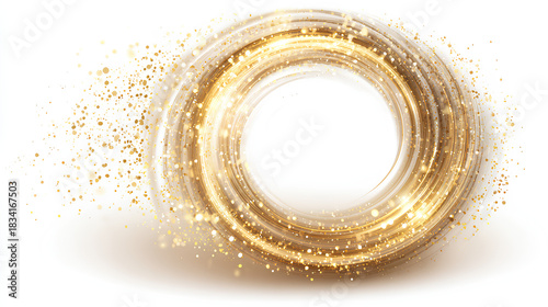 Golden light spiral with space aura and glowing sparkles, shiny round frame with glitter and bokeh effect. Isolated for overlay and decoration on white background. 