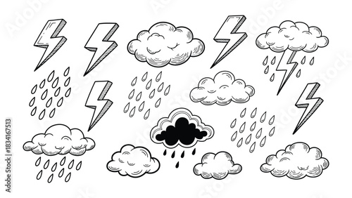Weather Elements Sketch: Hand-drawn illustrations of stormy weather, capturing the raw power and beauty of nature's elements in this detailed sketch.