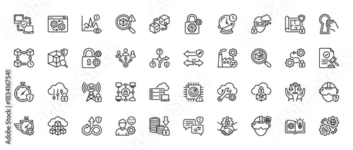 Data security and privacy line icon set. Vector pictograms of blockchain, cloud storage, encryption, and digital protection, thin outline illustration.