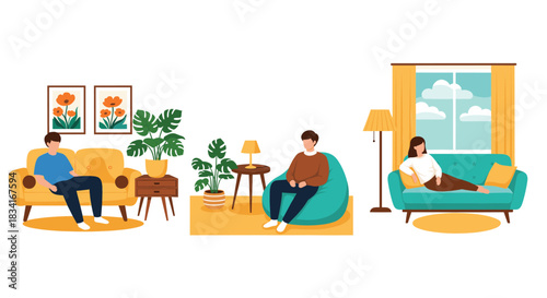 People relaxing at home vector illustration set showing cozy living room interiors with sofas plants and calm lifestyle