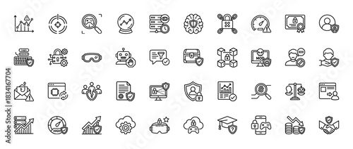 Cybersecurity and technology line icon set. Vector pictograms of data protection, digital security, and online privacy, thin outline illustration.