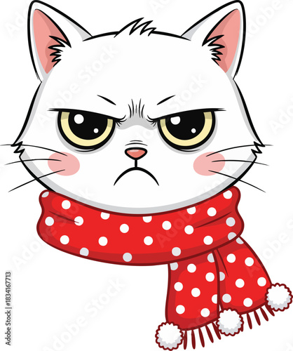 An angry white cartoon cat wearing a red polka dot scarf expresses displeasure with its furrowed brow and downturned mouth