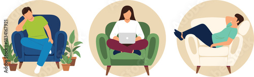 People relaxing at home vector illustration set showing sitting resting and working with laptop in cozy armchairs